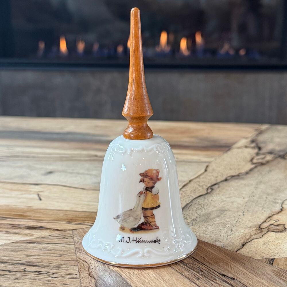 Vintage Goebel Hummel Goose Girl Porcelain Bell Wood Handle ARS AG Switzerland